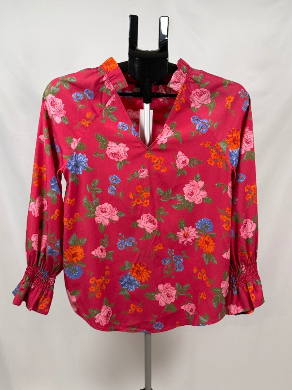 NWT Ann Taylor Floral Blouse XS Fuchsia Pink Smocked Bell Cuff